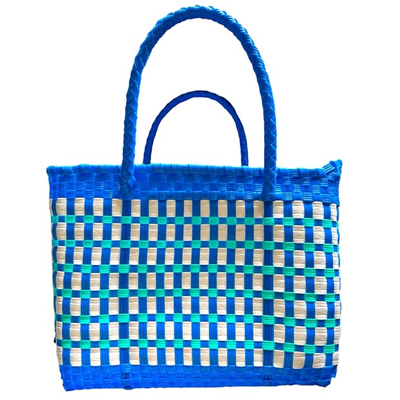 White & Blue - Handwoven Plastic Tote - Picture 1 of 4